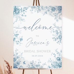 Blue Chinoiserie Bridal Shower Welcome Sign Printable, Something Blue Before I Do Bridal Template, Spring Bridal Brunch French Toile Decor 1
