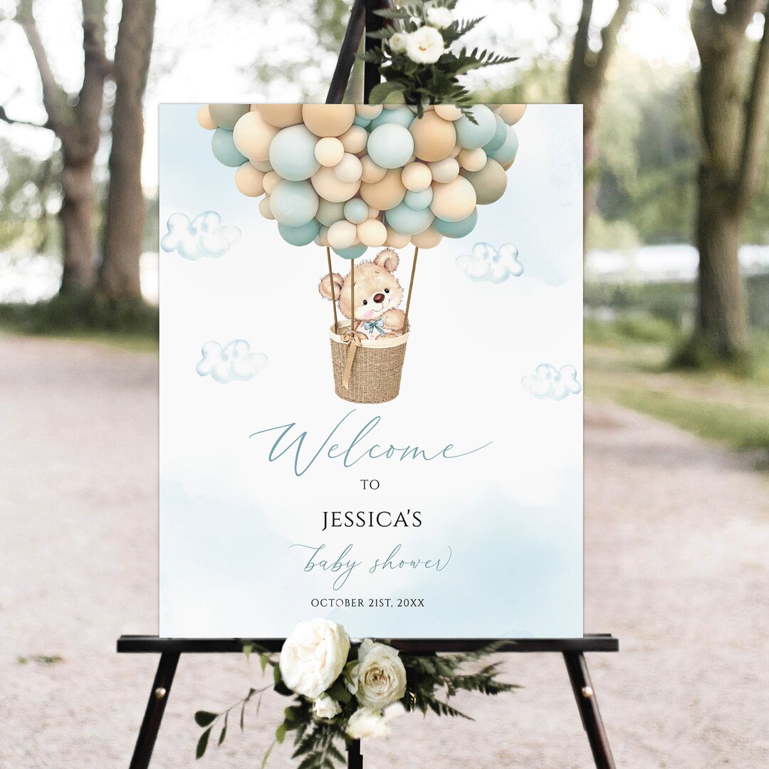 Editable Teddy Bear Hot Air Balloon Baby Shower Welcome Sign Boy Blue ...