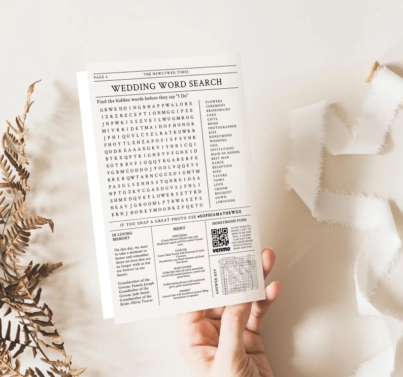 May include: A black and white wedding word search puzzle with a QR code for a honeymoon fund. The puzzle includes words like "wedding", "ceremony", "reception", "bride", "groom", and "honeymoon".