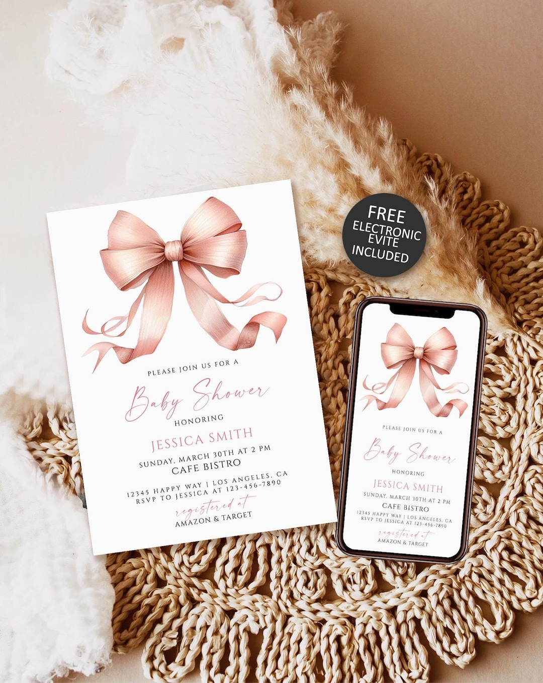 Pink Bow Baby Shower Invitation Template, Baby Girl Shower Template ...