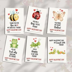 May include: Six Valentine's Day cards with insect and amphibian illustrations. Each card features a different animal: a bee, ladybug, butterfly, frog, grasshopper, and caterpillars. The cards have Valentine's Day messages and space to write a name.