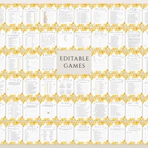 May include: A collection of printable editable games with a bee and honeycomb theme. The games are on white cards with yellow and gold accents. The words "Editable Games" are in the center of the image.