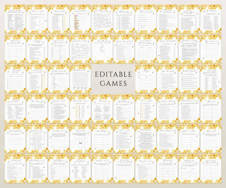 May include: A collection of printable editable games with a bee and honeycomb theme. The games are on white cards with yellow and gold accents. The words "Editable Games" are in the center of the image.