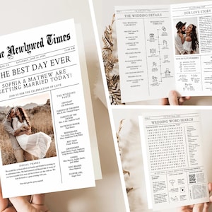 Könnte beinhalten: Eine Hochzeitsanzeige im Stil einer Vintage-Zeitung. Die Schlagzeile lautet "The Best Day Ever" mit den Namen des Paares, Sophia und Mathew, und dem Datum ihrer Hochzeit. Die Anzeige enthält ein Foto des Paares, eine Liste der Hochzeitsgäste und einen Zeitplan für den Hochzeitstag.