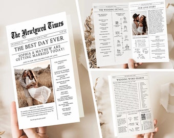 Editable Folded Newspaper Wedding Program Template, Printable Wedding Programs with Timeline, Folded newspaper wedding Program download