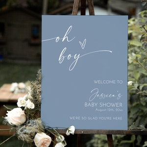 Junge Baby Shower Willkommensschild, Boho Baby Shower Willkommensschild, Minimalistisches Baby Shower Willkommen Poster, Blaues Baby Shower Willkommensschild Download
