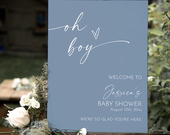 Znak powitalny na baby shower dla chłopca, znak powitalny na baby shower w stylu boho, minimalistyczny plakat powitalny na baby shower, niebieski znak powitalny na baby shower do pobrania