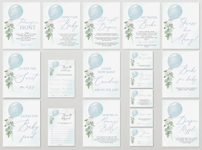 Blue Balloon Baby Shower Games Printable Boy Baby Shower Etsy