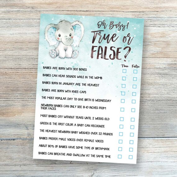 Baby Shower True or False Game Blue Elephant Baby Shower Games Etsy