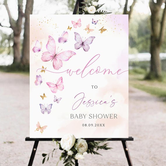 Andaz Press Butterfly Baby Shower Sign - 16x20 Inch Personalized Welcome Sign, Peach Florals - View #12