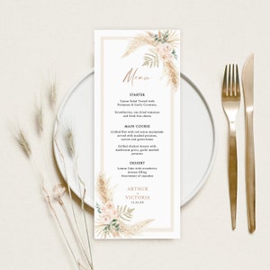 Plantilla de menú de boda, menú de boda minimalista, menú de boda moderno Boho, menú de boda imprimible, plantilla de menú de hierba de pampas Descarga instantánea