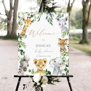 Editable Un poco salvaje un bebé ducha signo de bienvenida, cartel de baby shower de la selva safari, decoración de baby shower de animales de safari verde