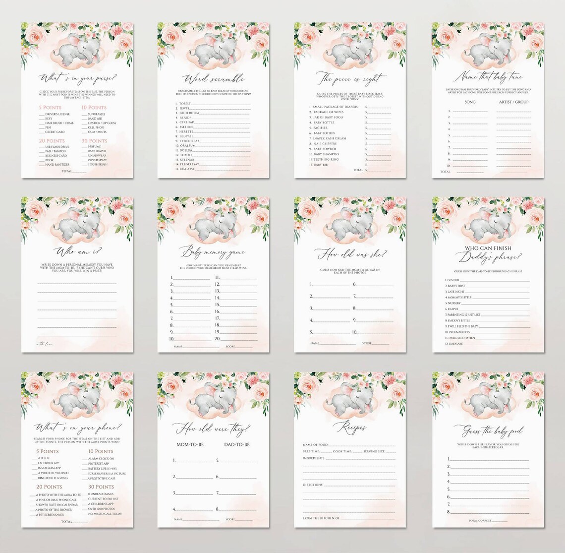 Elephant Baby Shower Games Printable Game Bundle Pink Elephant - Etsy