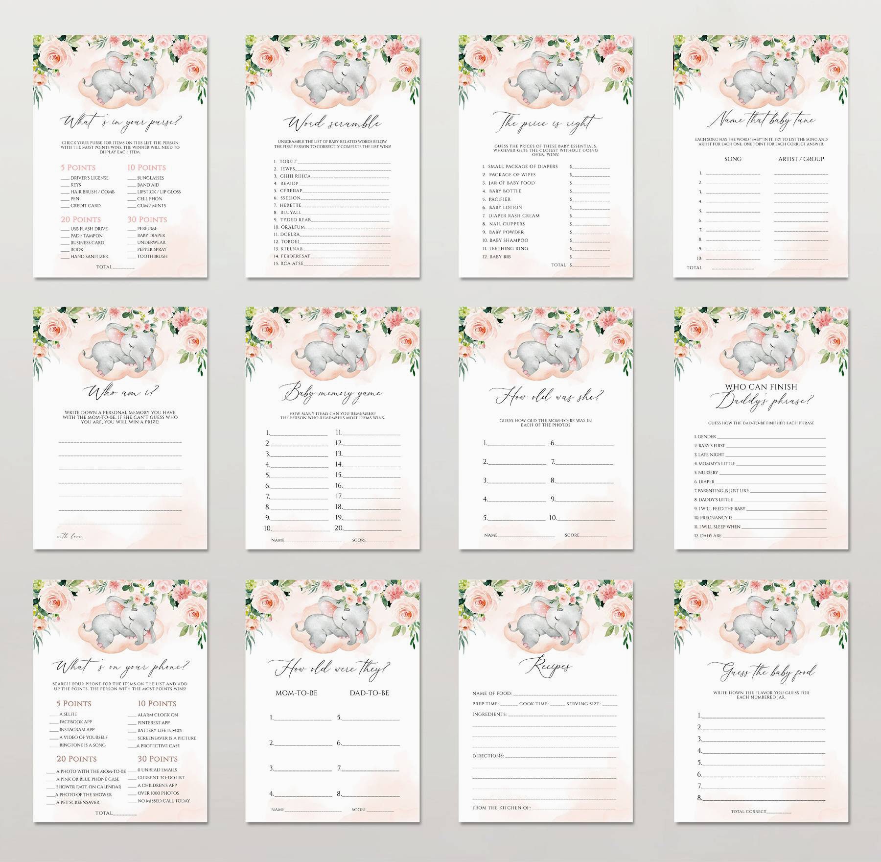 Elephant Baby Shower Games Printable Game Bundle Pink Elephant - Etsy