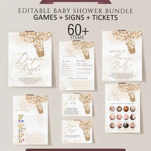 May include: Printable baby shower game cards with a teddy bear hot air balloon theme. The cards include games like "How Big is Mommy's Belly?", "Baby Burp Bingo", "Diaper Raffle", "Books for Baby", and "Baby Predictions".