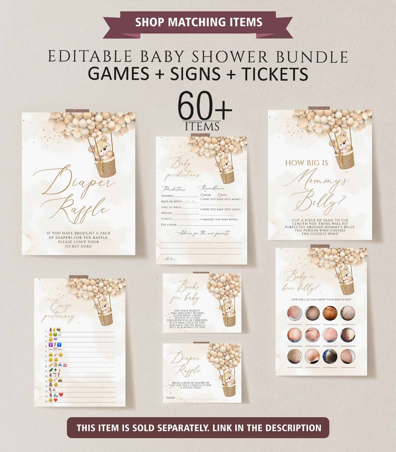 May include: Printable baby shower game cards with a teddy bear hot air balloon theme. The cards include games like "How Big is Mommy's Belly?", "Baby Burp Bingo", "Diaper Raffle", "Books for Baby", and "Baby Predictions".