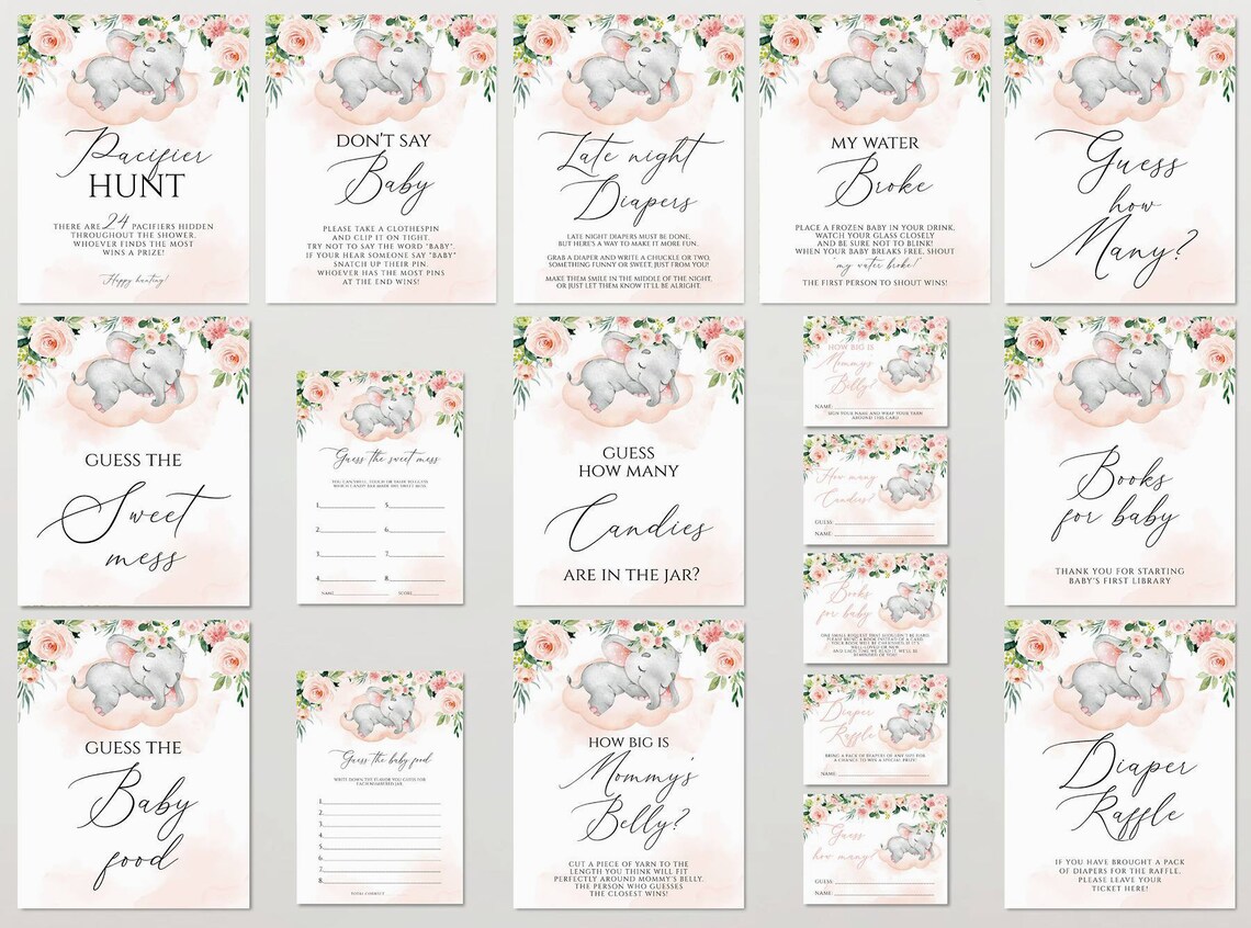 Elephant Baby Shower Games Printable Game Bundle Pink Elephant - Etsy