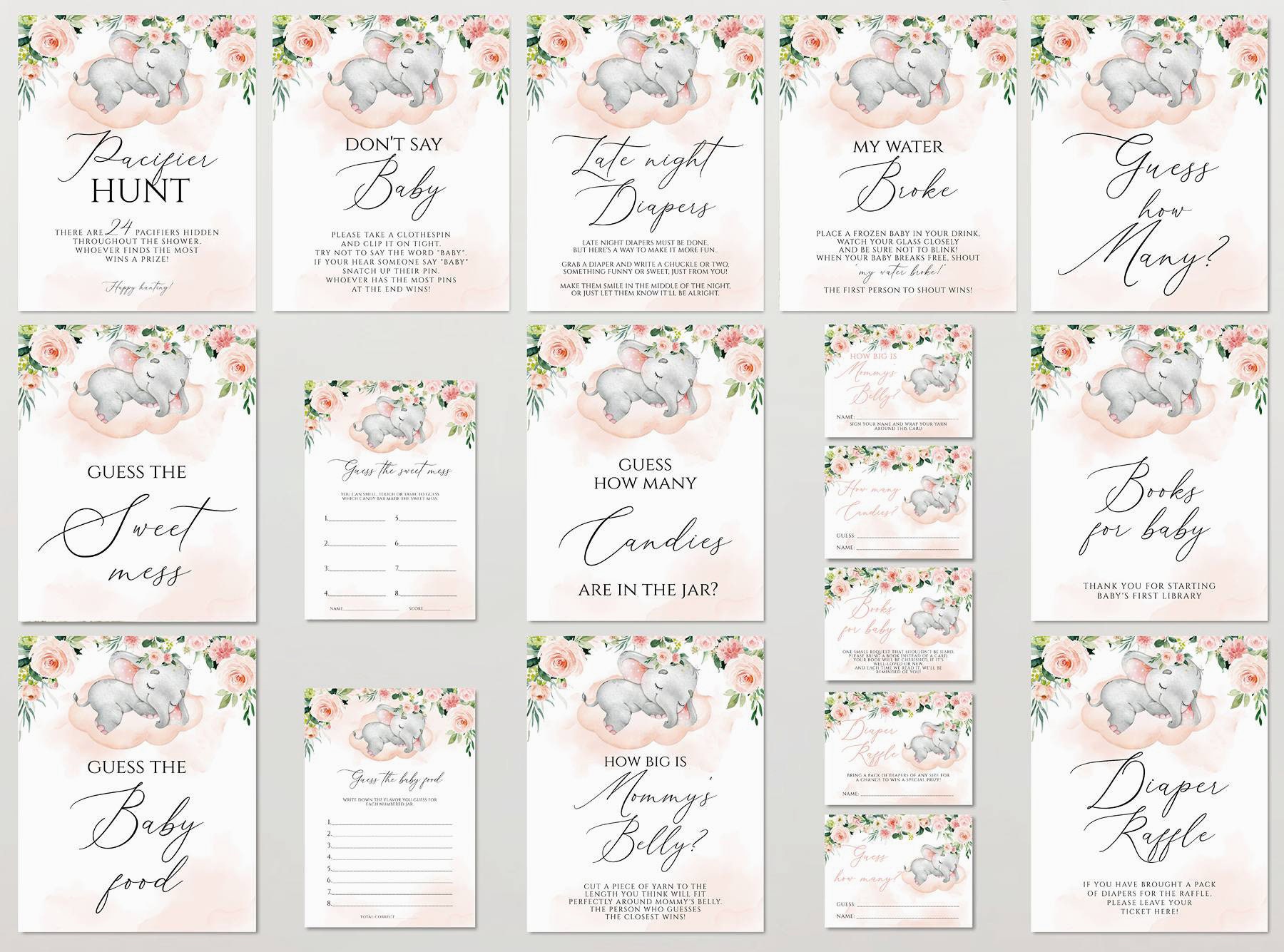 Elephant Baby Shower Games Printable Game Bundle Pink Elephant - Etsy