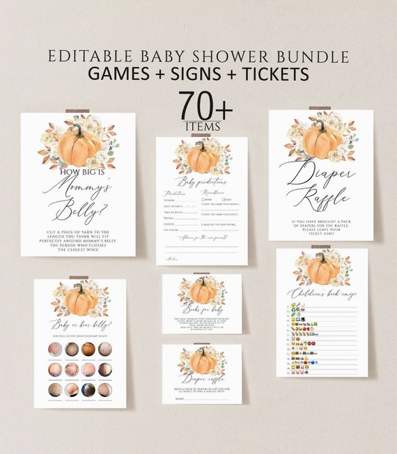 Editable Little Pumpkin Baby Shower Games, Fall Games Pack, Printable Baby Games Bundle, Pumpkin Greenery Shower Games, Autumn floral f1