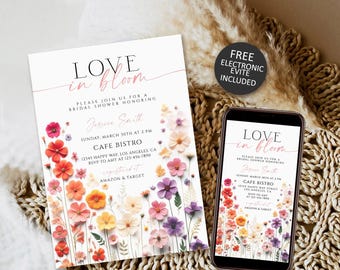 Wildflower Bridal Shower Invitation, Spring Floral Invite (Editable Template)