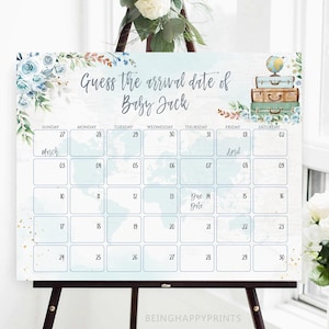 La aventura espera al bebé Calendario de fecha de parto Adivina el cumpleaños del bebé Mapa mundial Tema de viaje Maleta azul floral Globo terráqueo Predicación del bebé Baby Shower