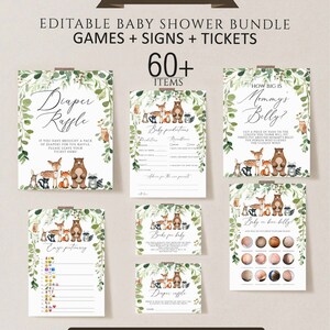 May include: Printable baby shower game cards with a woodland theme. The cards feature a brown bear, a deer, a fox, and a raccoon. The text on the cards includes "Diaper Raffle", "How Big is Mommy's Belly?", "Baby Predictions", "Books for Baby", "Baby on Bear Belly", and "Emoji Pictionary".