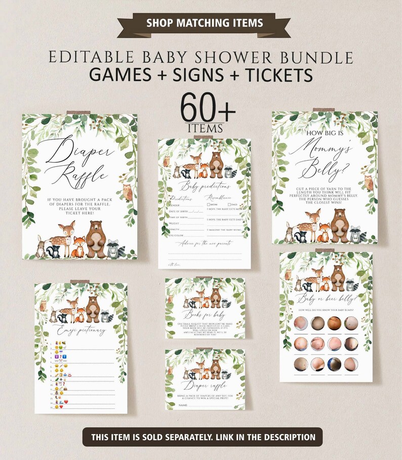 May include: Printable baby shower game cards with a woodland theme. The cards feature a brown bear, a deer, a fox, and a raccoon. The text on the cards includes "Diaper Raffle", "How Big is Mommy's Belly?", "Baby Predictions", "Books for Baby", "Baby on Bear Belly", and "Emoji Pictionary".