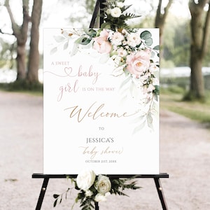 Baby Shower Willkommensschild, Blumen Babyparty Willkommensschild, Mädchen-Babyshower-Zeichen, Rosa Blumen Willkommensschild, blush rosa Blumen Willkommensschild