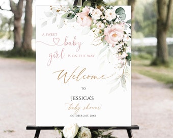 Baby Shower Welcome Sign, Floral Baby Shower Welcome sign, Girl Baby Shower sign, Pink Floral Welcome Poster, blush pink floral welcome sign