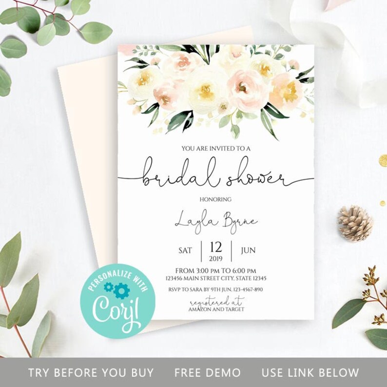 Blush Bridal Shower Invitation Template Floral Invitation Etsy