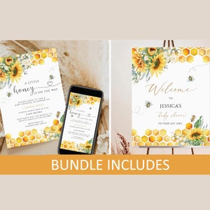 Honey Bee Baby Shower Bundle, Bee Baby Shower Invitation Bundle, Sunflower Bee Shower Invite Set,Sunflower Bee Hive Baby Shower Sign & Decor bild 2