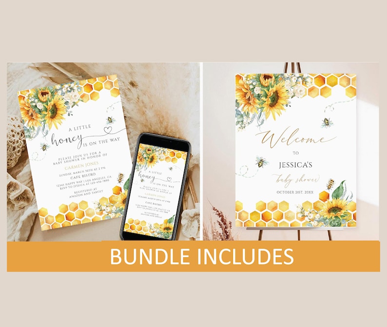 Honey Bee Baby Shower Bundle, Bee Baby Shower Invitation Bundle, Sunflower Bee Shower Invite Set,Sunflower Bee Hive Baby Shower Sign & Decor bild 2