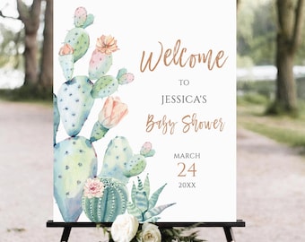 Cartello di benvenuto per baby shower a tema cactus, stile boho-chic (stampabile)