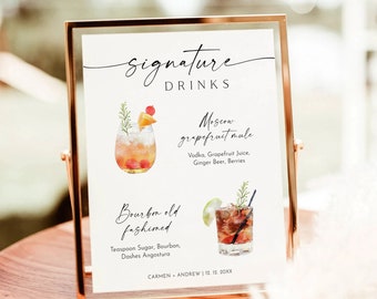 May include: A printable wedding sign with a gold frame, featuring two watercolor illustrations of cocktails. The sign reads "Signature Drinks" and lists the ingredients for a Moscow Mule and a Bourbon Old Fashioned. The text at the bottom reads "Carmen & Andrew | 12. 12. 20XX".