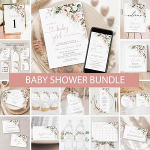 Blush Pink floral Baby Shower Invitation Bundle, printable Baby Shower Games, Girls Baby Shower invitation, Welcome Sign, Instant Download