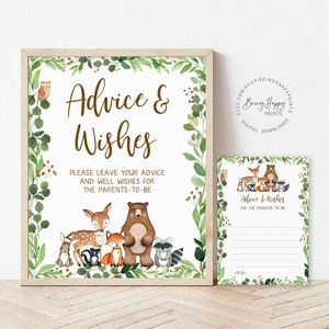 Consigli per i futuri genitori Carte e segnali di consigli per baby shower nei boschi Animali della foresta Giochi per baby shower Consigli stampabili per i neo genitori