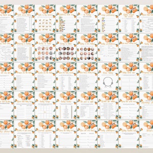 May include: A collection of baby shower game cards with an orange and green watercolor design. Each card features a different game title in gold lettering, with space for guests to write answers. The cards are arranged in a grid.