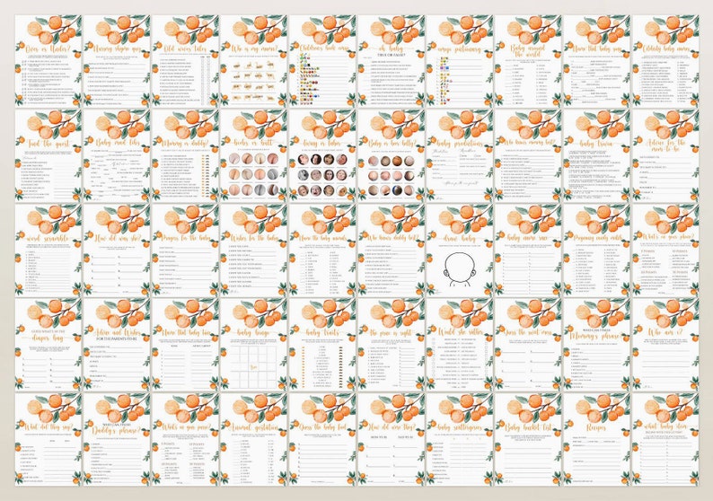 May include: A collection of baby shower game cards with an orange and green watercolor design. Each card features a different game title in gold lettering, with space for guests to write answers. The cards are arranged in a grid.