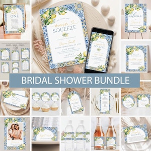 Mediterranean Lemon Bridal Shower Invitation Bundle, Main Squeeze Bridal Shower Invite, Games Bundle, Welcome Sign,Italian Blue Tiles Shower