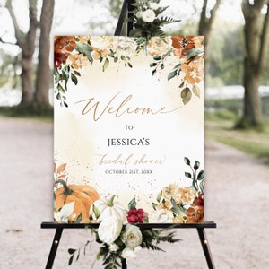 Fallen in der Liebe Brautdusche Willkommensschild, Herbst Hochzeit Willkommensschild, Herbst Brautdusche Zeichen, Kürbis floral bearbeitbares Willkommensschild Download