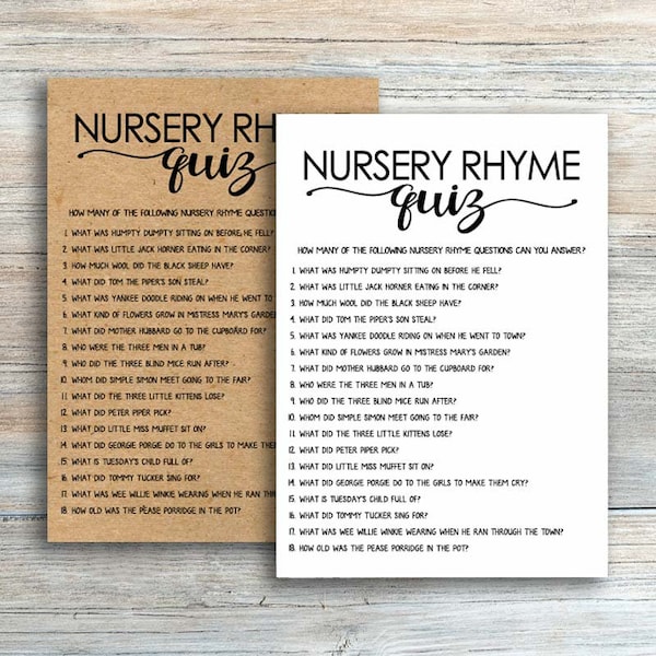 Nursery Rhyme Quiz Baby Shower Game, Kraft Paper Rustic Baby Shower, Country Baby Shower, Baby Shower Ideas, Baby Shower Games kraft byh154