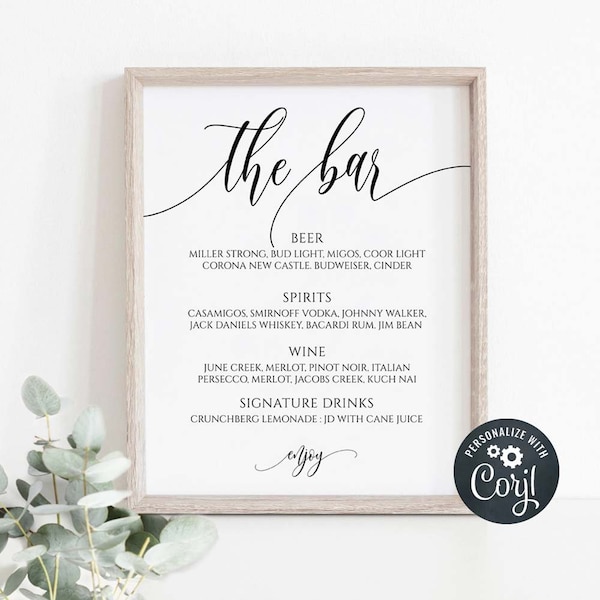 Wedding Bar Menu Sign, Printable Calligraphy Bar Menu Template, Modern Bar Sign, 8x10, Instant Download, Edit with Corjl