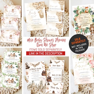 May include: A collage of printable baby shower invitations with various themes, including woodland animals, hot air balloons, and a magical theme. The invitations are decorated with watercolor illustrations and gold accents. The text on the invitations includes "Baby Shower", "We are Burly Wait", "A Magical Bundle is on the way", and "Sweet Baby Girl".