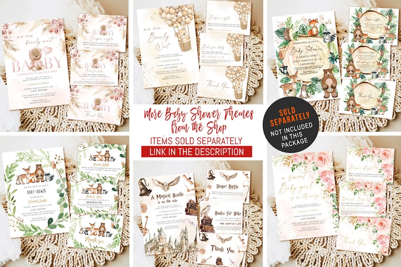 May include: A collage of printable baby shower invitations with various themes, including woodland animals, hot air balloons, and a magical theme. The invitations are decorated with watercolor illustrations and gold accents. The text on the invitations includes "Baby Shower", "We are Burly Wait", "A Magical Bundle is on the way", and "Sweet Baby Girl".