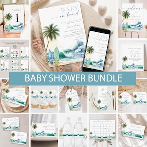 Baby on Board Baby Shower Invitation Bundle, Surfboard Baby Shower Games download, Surfing Invite, Welcome Sign Printable, Beach Baby Shower