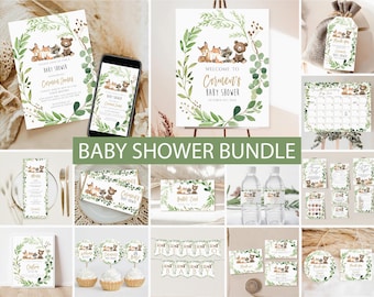 Woodland Animals Baby Shower Bundle, Invitation Game Pack (Editable Template)