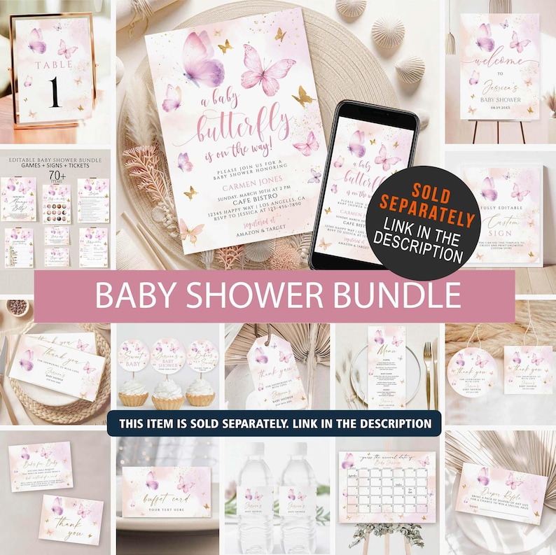 Butterfly Baby Shower Welcome Sign, Purple Pink Theme (Printable) image 4