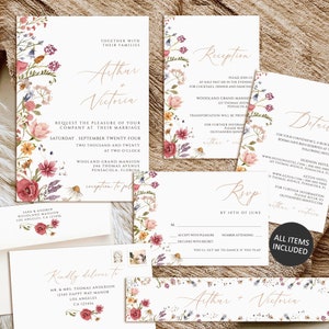 Wildflowers Wedding Invitation Suite, Printable Wedding Invitation, Wildflower wedding invitation template, Boho Wedding invitation set