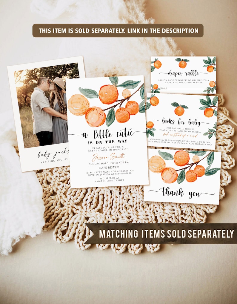 May include: A collection of baby shower stationery featuring watercolor orange branch designs. Includes an invitation, a photo card, a diaper raffle card, a book request card, and a thank you card. The invitation reads "A little cutie is on the way."
