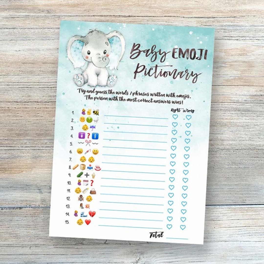 Baby Emoji Pictionary Printable Blue Elephants Baby Shower